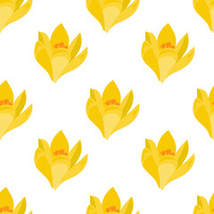 Beautiful seamless pattern with hand drawn decorative crocus flowers. Yellow flowers of same sizes. Vector illustration