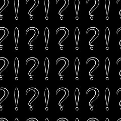 Seamless pattern with question and exclamation signs. Same sizes. Black with white store and black background. Vector illustration