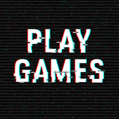 Play Games glitch text. Anaglyph 3D effect. Technological retro background. Vector illustration. Creative web template. Flyer, poster layout. Computer program, console screen, retro arcade