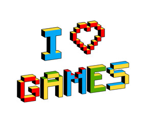 I love Games text in style of old 8-bit video games. Vibrant 3D Pixel Letters with heart. Fun colorful vector illustration. Poster template. Computer program, console screen, retro style applications