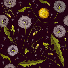 Obraz premium Dandelions embroidery seamless pattern. Beautiful dandelions classical embroidery seamless background, template for clothes and textiles