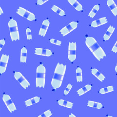 Plastic Water Bottles Seamless Pattern on Blue Background