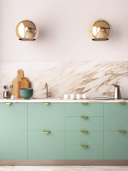 Mockup interior kitchen in pastel colors. 3D render, 3d illustration