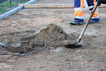 masons preparing the basis for paving tiles, throwing sand by shovels