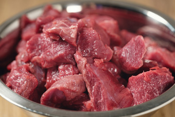 raw beef in bowl closeup, shallow focus