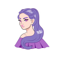 Anime sexy girl with purple hair isolated vector portrait