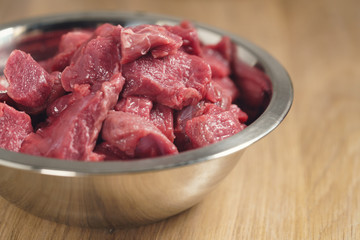 raw beef in bowl closeup, shallow focus