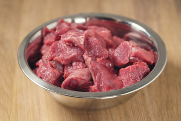 raw beef in bowl closeup, shallow focus