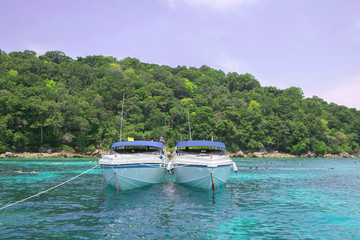 Fototapeta na wymiar Two speed boat and island background.