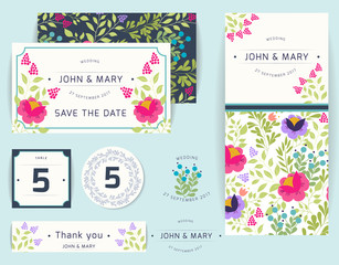 Set of templates for wedding, celebration. Invitation, thank you card, save the date cards with bright floral background. Vector illustration.