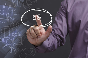 Business, Technology, Internet and network concept. Young businessman shows the word: 5G
