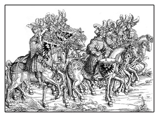 Horseback trumpeters and drummer in festive procession from Hans Burgkmair's Triumph of  Maximilian I, woodcut print from XVI century