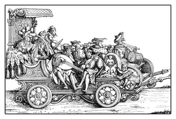 Obraz premium Chariot with minstrels and musicants playing on a decorated carriage in festive procession from Hans Burgkmair's Triumph of Maximilian I, XVI century