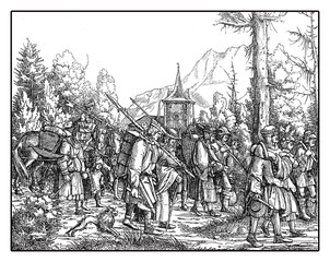 Troops with baggage on foot in procession from Hans Burgkmair's Triumph of  Maximilian I, woodcut print of  XVI century