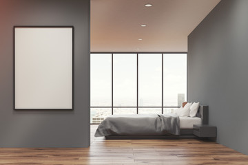 Gray bedroom with poster, side