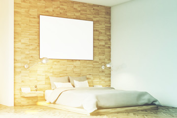 Light wooden bedroom, side, toned