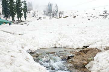 Fototapeta na wymiar Snow covered mountains and river in Gulmarg, Jammu And Kashmir, India