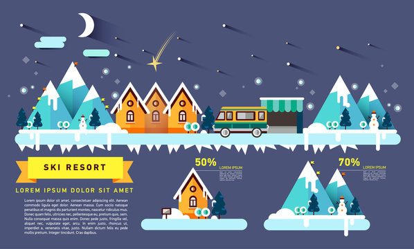 Flat illustration ski resort in mountain.