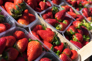 Fresh Strawberries in the plastic box on shelf for sell in market