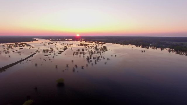 Sunset at flooded water with bushes reflection 4k. Fly low over river floodplain land in spring high water season in Belarus Pripyat river reservation. Ecosystems environmental problems climate change