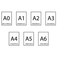 Size of series A paper sheets comparison chart, from A0 to A10 format