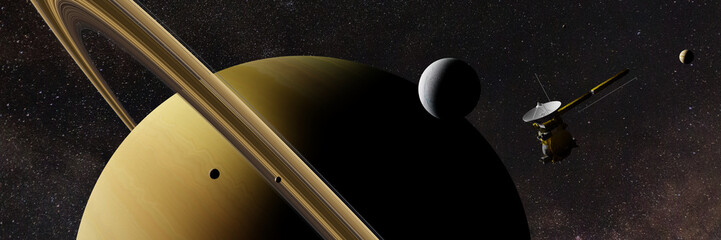 Saturn's moon Enceladus and spacecraft Cassini–Huygens in front of planet Saturn, rings and other moons and the stars - obrazy, fototapety, plakaty