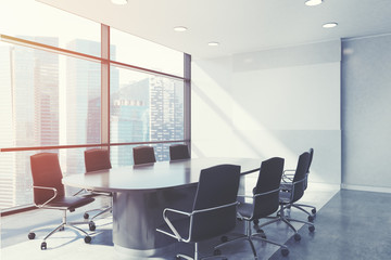Panoramic meeting room close up, toned