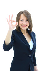 Portrait of happy smiling young cheerful businesswoman, showing 