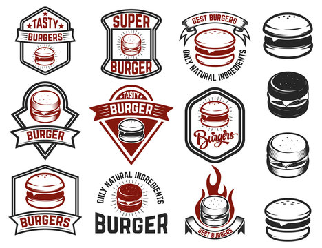 Set of burger labels. Design elements for logo, emblem, menu, sign, poster. Vector illustration