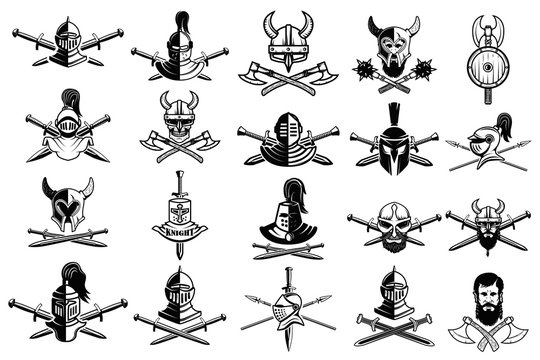 knight logo set. Skull in horned helmet, crossed axes, crossed swords, viking helmet, shield, . Logos can be easily disassembled into separate items.