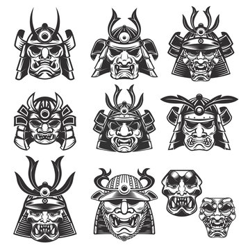 Set of samurai masks and helmets on white background. Design elements for logo, label, emblem, sign. Vector illustration