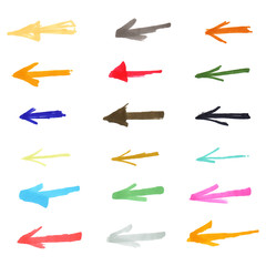 Set of hand drawn with marker colorful arrows isolated on white background.