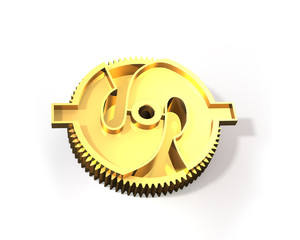 Golden gear with dollar symbol, 3D illustration.