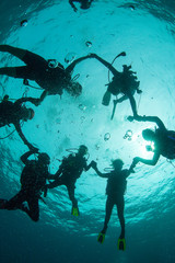 Group of Scuba Divers underwater silhouettes against sun