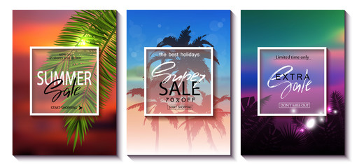 Set of summer sale template banner. Tropical backgrounds set with palms, sky and sunset. Wallpaper,flyers, invitation, posters, brochure, voucher discount.Vector illustration.