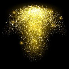 Obraz premium Golden glow glitter particles. Explosion or falling star burst with sparkles isolated on black background. Grainy abstract texture. Vector light effect.