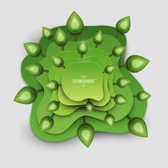 Paper cut cartoon nature with trees, landscape in realistic trendy craft style. Modern origami design. World environment day concept greeting card, banner. Vector illustration.