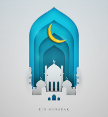 Islamic beautiful design template. Mosque with yellow moon on white background in paper cut style. Ramadan kareem greeting card, banner, cover or poster. Vector illustration. EPS 10.