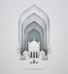 Islamic beautiful design template. Mosque on white background in paper cut style. Ramadan kareem greeting card, banner, cover or poster. Vector illustration. EPS 10.