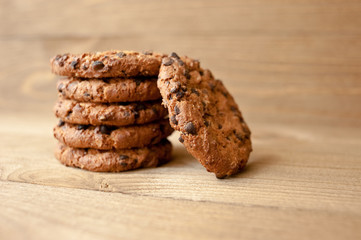 Cookies on rustic wooden  table. Chocolate dessert.