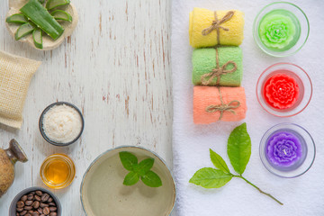 Holiday spa for relax after work, Spa and wellness setting with towels. Day spa nature products