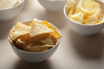 Potato chips in bowl on a table