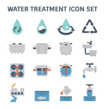 Water treatment plant and wastewater or waste water and septic tank vector icon set. That removes sewage and grease from water to improves the quality of water appropriate for drinking and supply use.