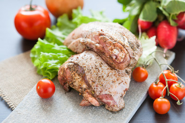 Marinated chicken meat and vegetables 