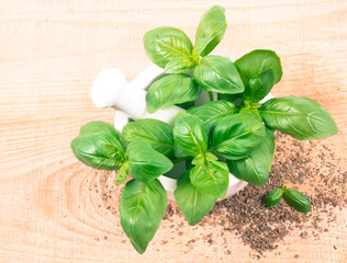 Raw green basil and dried, on the wooden table.