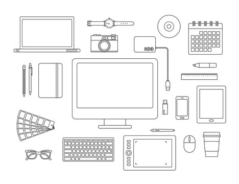  graphic designer items and tools line icon set