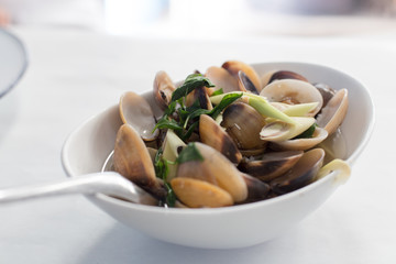 Fried stir spicy sea food for eat on table.