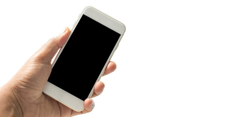 Hand holding mobile smart phone with blank screen , white background - mockup template
