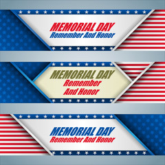 Set of web banners design, background with texts and American flag, for Memorial day event, celebration