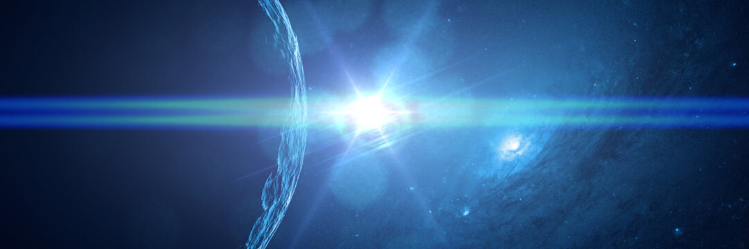 alien planet in front of a galaxy lit by a bright blue star
